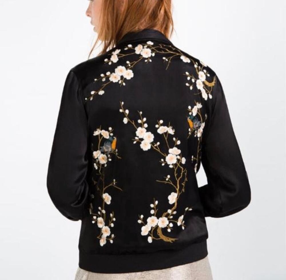 Zara Woman Satin Bomber Jacket Embroidered Birds Floral Cherry Blossom Black Sm